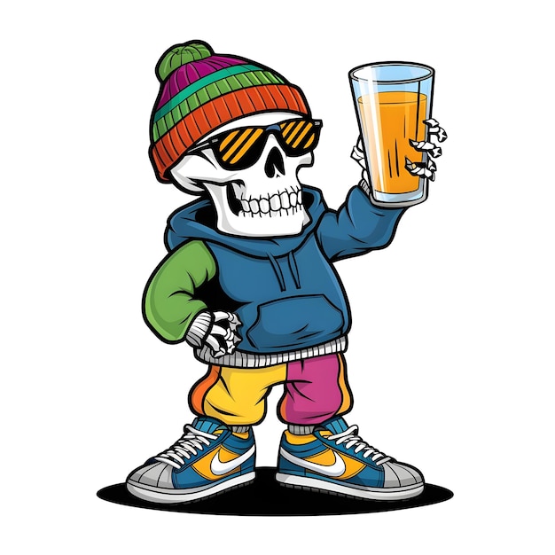 a drawing of a skull with a beer in his hand