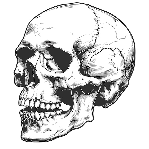 a drawing of a skull with a black face and a white background