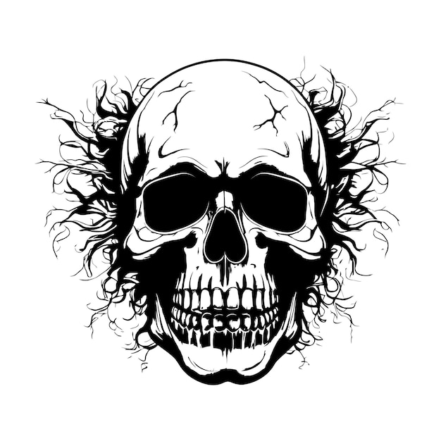 a drawing of a skull with black and white writing on it