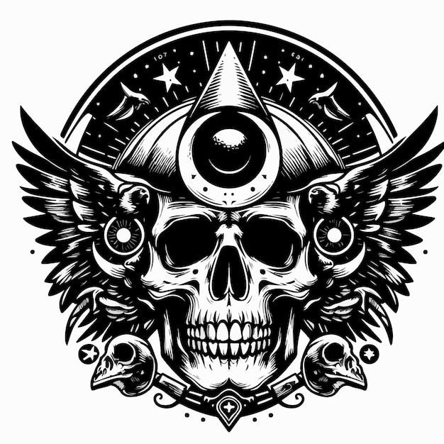 a drawing of a skull with wings and a star on it