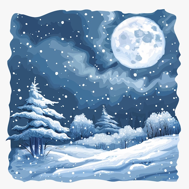 Vector a drawing of a snow scene with a moon and trees