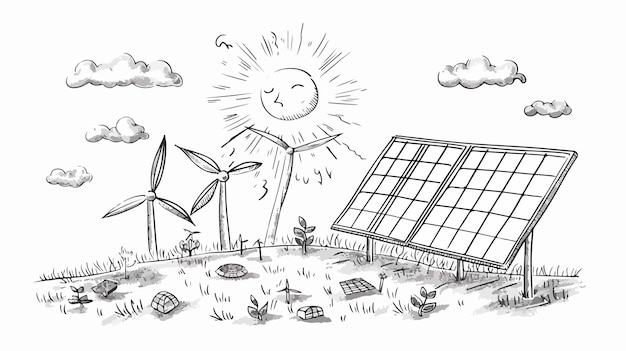 a drawing of a solar farm with solar panels and a solar panel