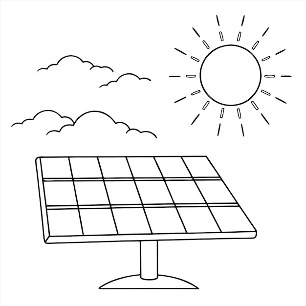 a drawing of a solar panel with the sun and clouds in the background