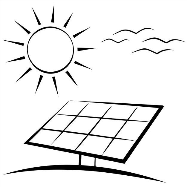 Vector a drawing of a solar panel with a sun and clouds in the background