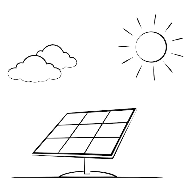 Vector a drawing of a solar panel with a sun and clouds in the background