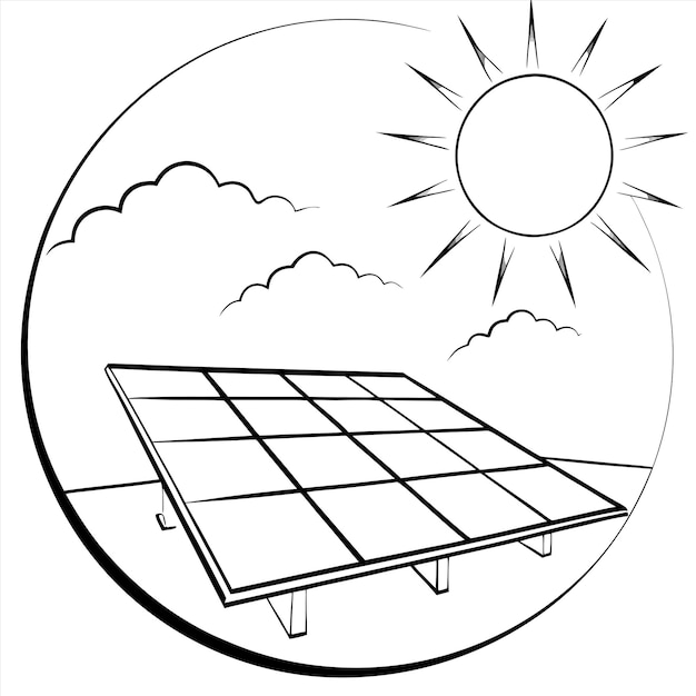 Vector a drawing of a solar panel with a sun and clouds in the background