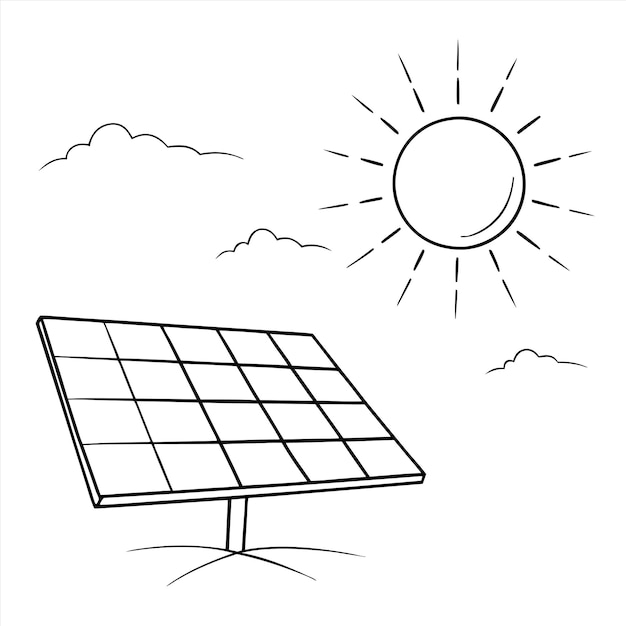 a drawing of a solar panel with a sun and clouds in the background