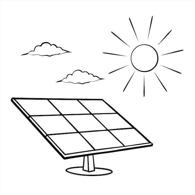 a drawing of a solar panel with the sun and clouds in the background