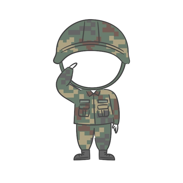 A drawing of soldier character who salutes with a cutout for the face