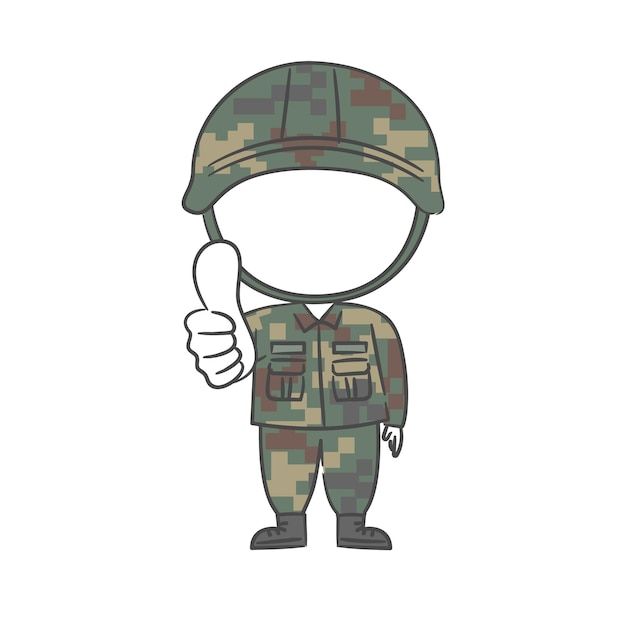 A drawing of soldier character with a thumbs up with a cutout for the face