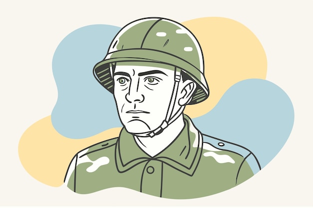 a drawing of a soldier with a green hat and a blue background