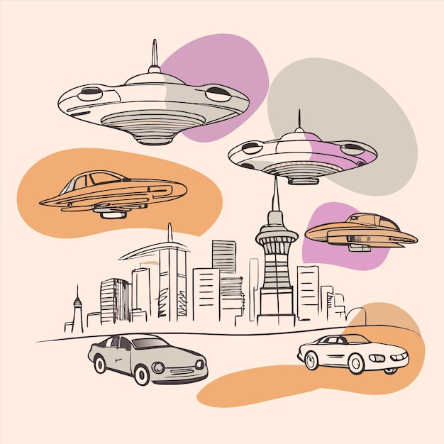 Vector a drawing of a spaceship and cars with the word quot space quot on the bottom