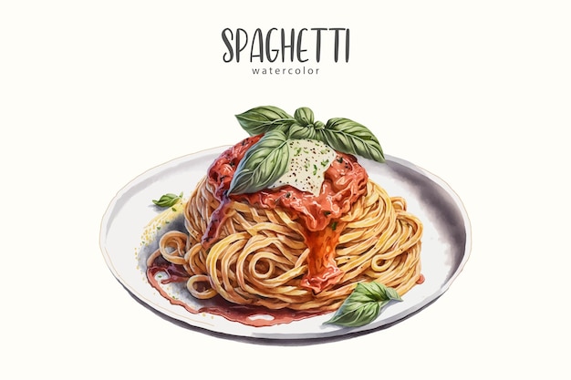 A drawing of spaghetti on a plate with a sprinkle of basil on it