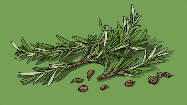 a drawing of a sprig of rosemary with seeds on a green background