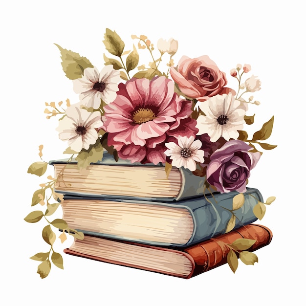 a drawing of a stack of books with flowers and leaves