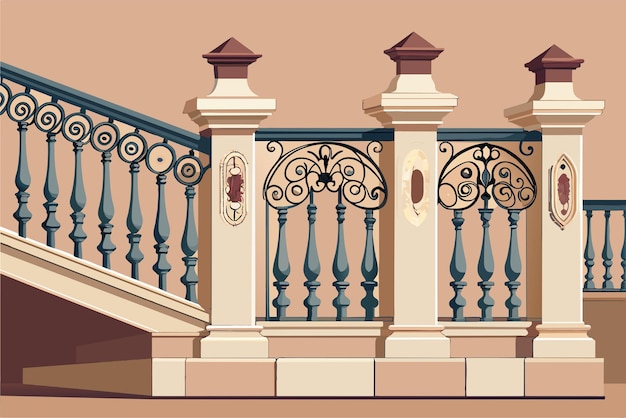 A drawing of a staircase with intricate wrought iron railings