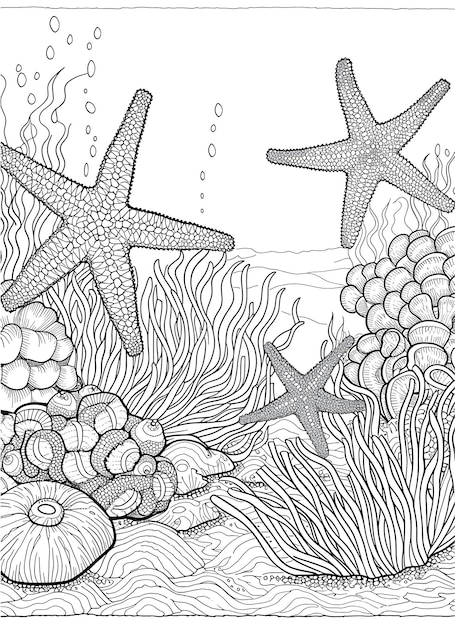 Vector a drawing of starfish and corals with a white background