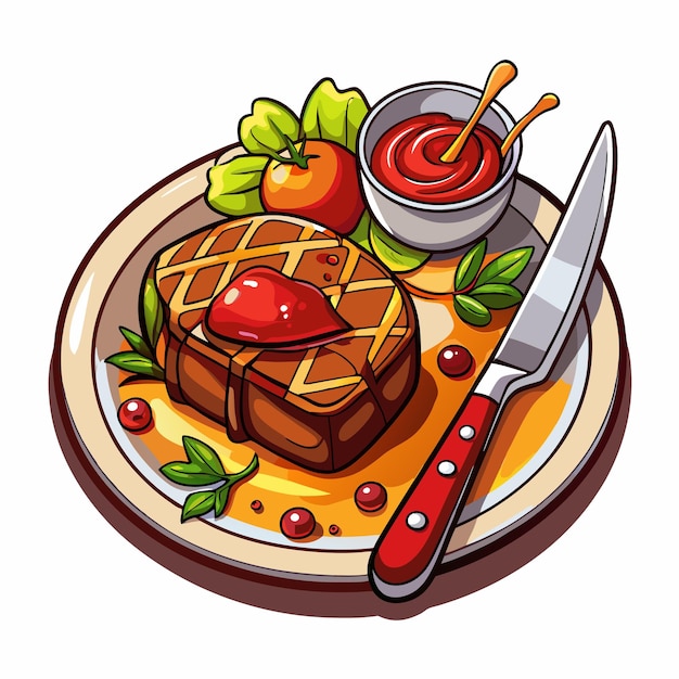 A Drawing Of Steak On A Plate With knife And Drinks