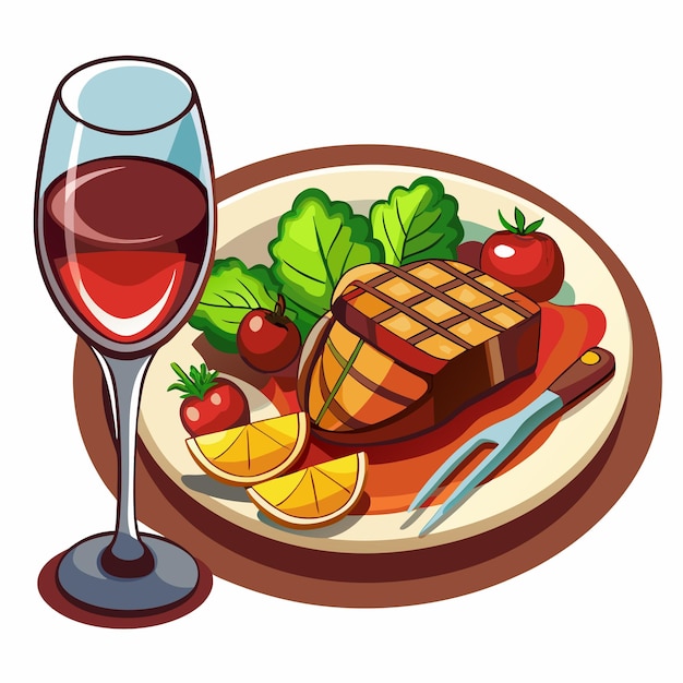 A Drawing Of Steak On A Plate With knife And Drinks