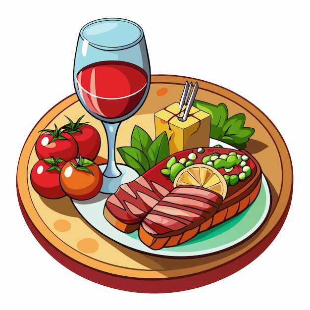 A Drawing Of Steak On A Plate With knife And Drinks