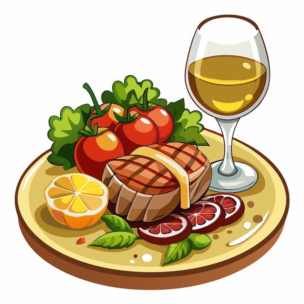 A Drawing Of Steak On A Plate With knife And Drinks