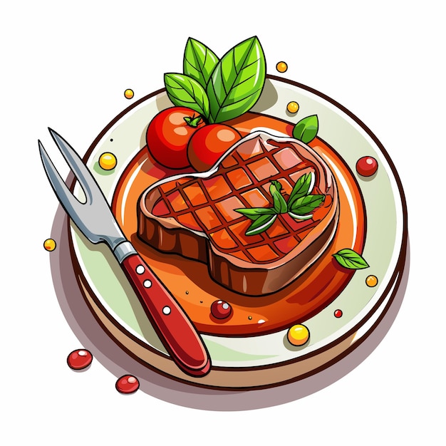 A Drawing Of Steak On A Plate With knife And Drinks