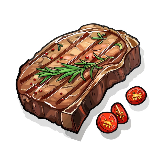 a drawing of a steak and tomato cut into pieces