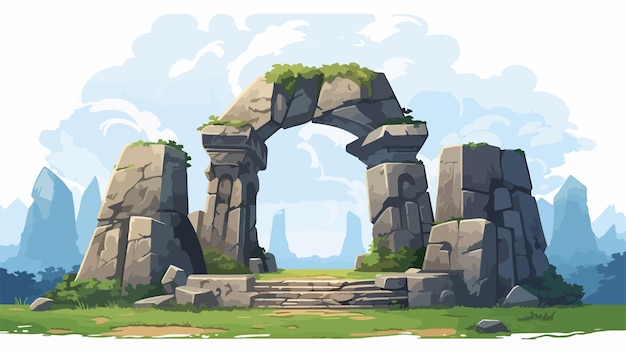 a drawing of a stone arch with a green bush on it