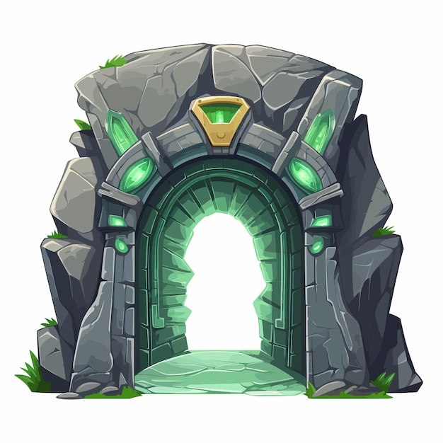 Vector a drawing of a stone arch with a green door and a stone arch