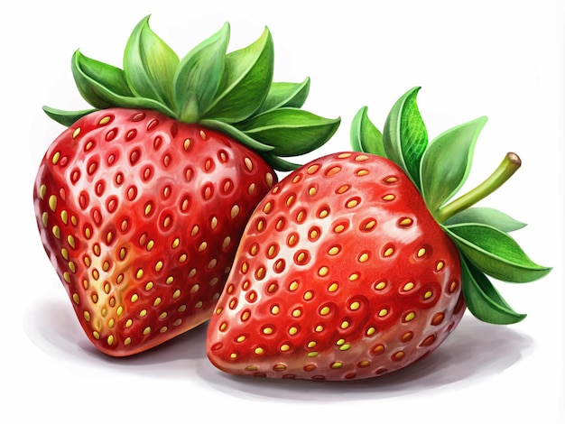 a drawing of strawberries with green leaves