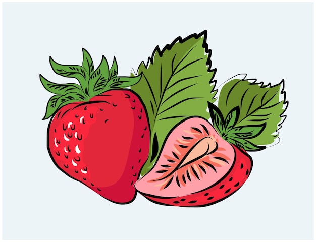 a drawing of a strawberry with a green leaf