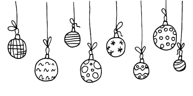 Drawing in the style of doodle border with Christmas decorations Christmas balls