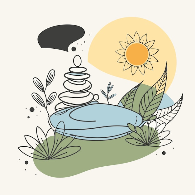 Vector a drawing of a sun and a stack of rocks with flowers and a sun