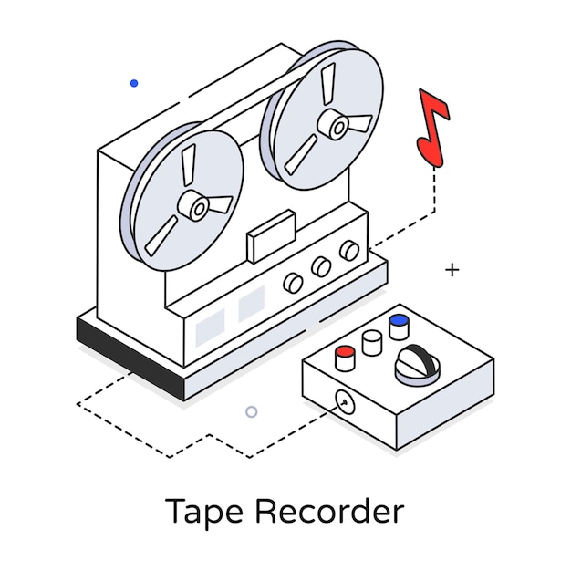 A drawing of a tape recorder with a red button and a blue button.