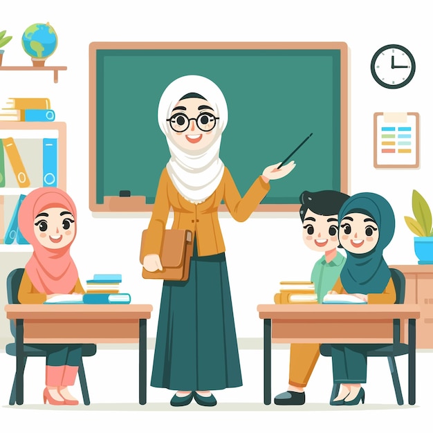 a drawing of a teacher with children in a classroom