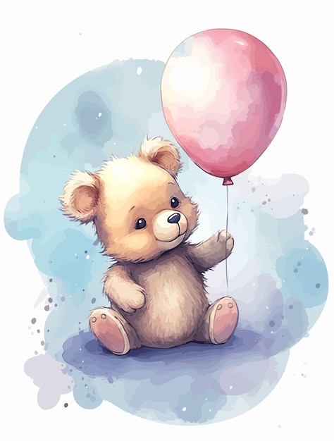 a drawing of a teddy bear holding a balloon with a pink balloon in the background