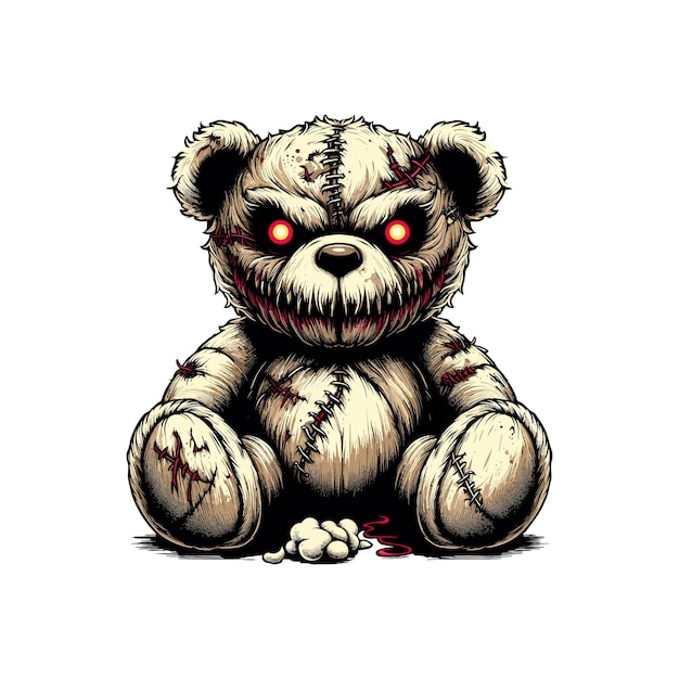 a drawing of a teddy bear with a bloody face and blood splattered on the face horror Teddy bear ev