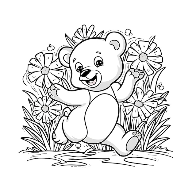 a drawing of a teddy bear with flowers in the background