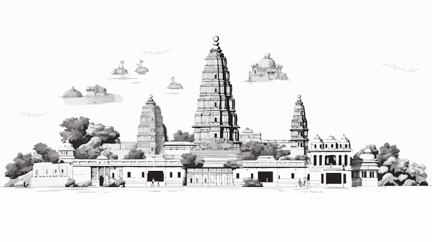 a drawing of a temple with a line of temples and pagodas