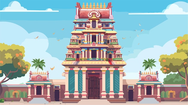 Vector a drawing of a temple with palm trees in the background