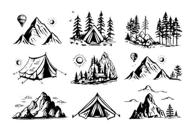 A drawing of a tent and a mountain