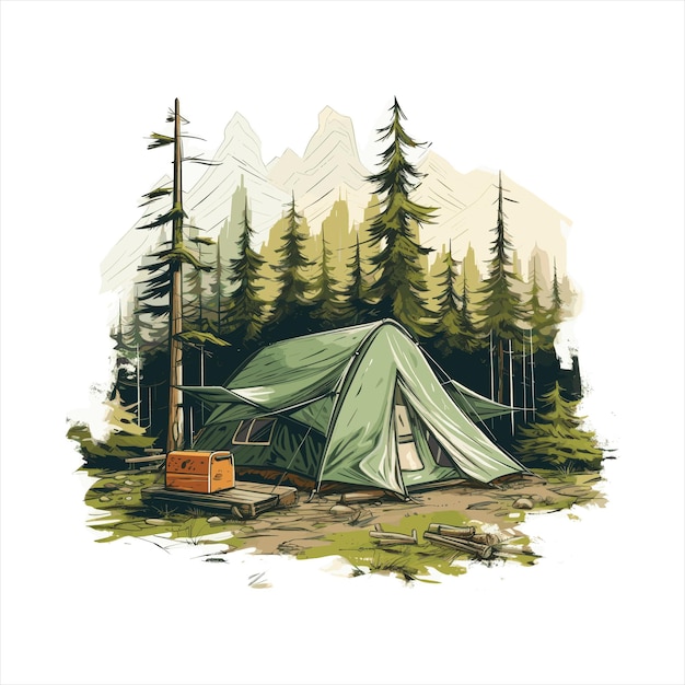 a drawing of a tent with a mountain in the background