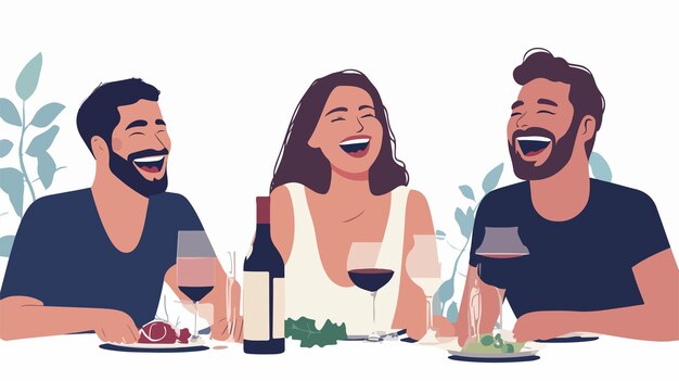 Vector a drawing of three people with a plate of food and wine