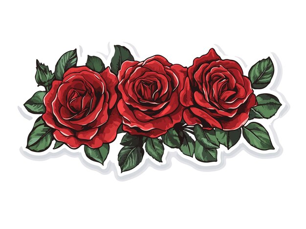 a drawing of three red roses with green leaves