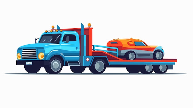 a drawing of a tow truck with a blue and orange car on the back