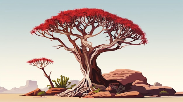 a drawing of a tree with red leaves and a rock in the background