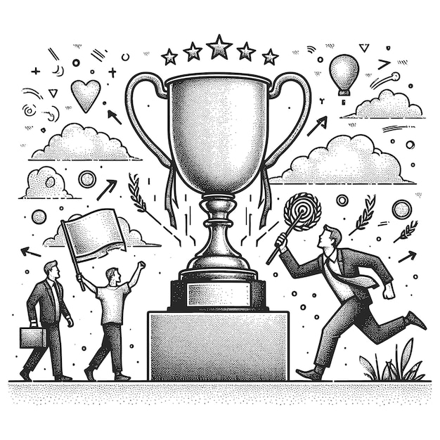 Vector a drawing of a trophy with a man running and another man running