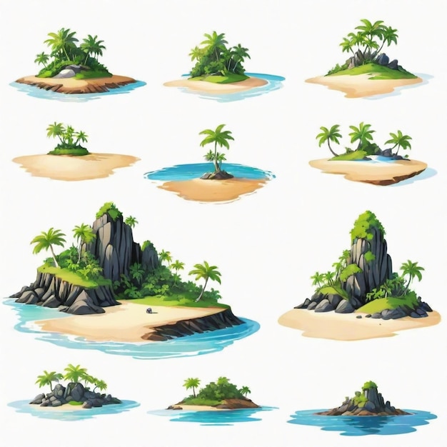 a drawing of a tropical island with palm trees and island in the middle