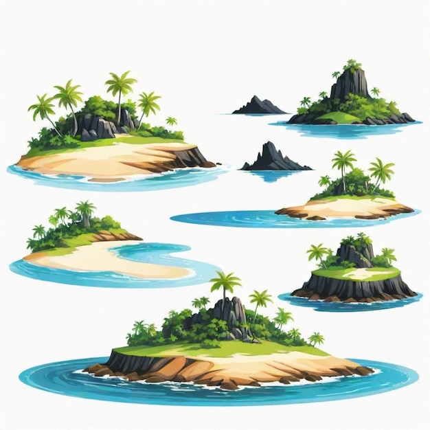 a drawing of a tropical island with palm trees and island in the middle