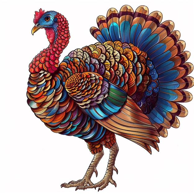 a drawing of a turkey with a blue and orange pattern